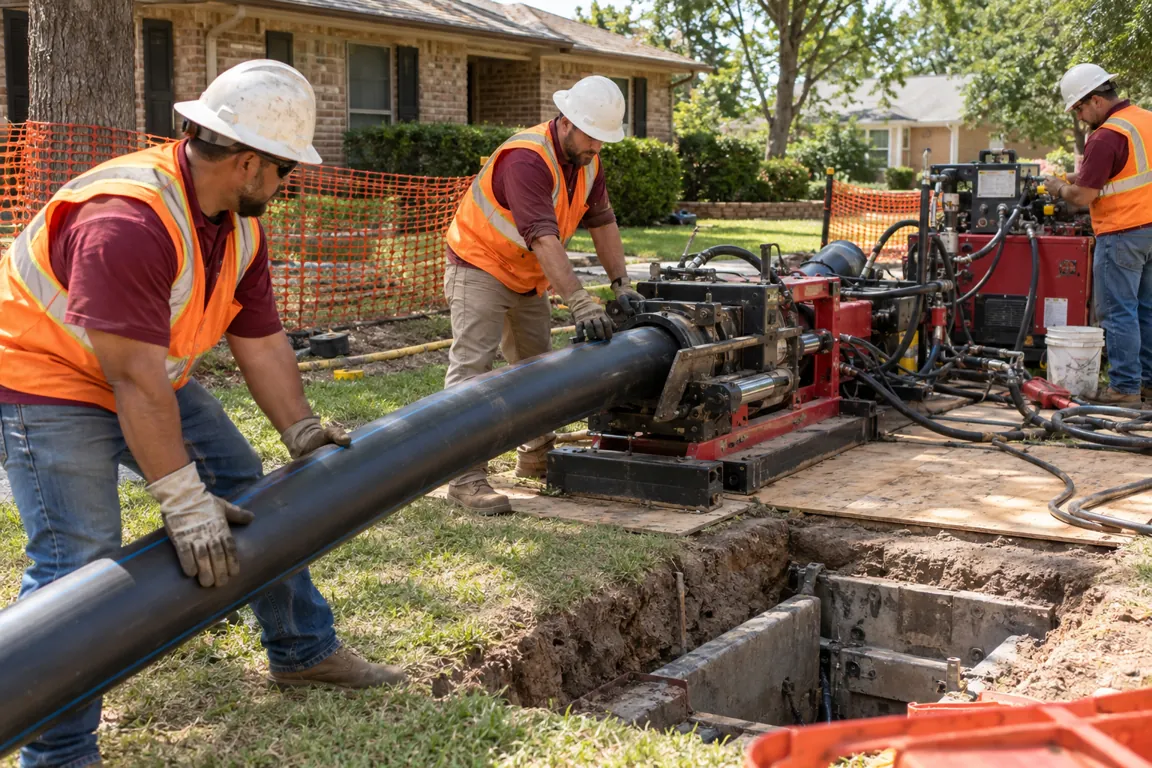 Crew guiding replacement pipe through trenchless installation equipment