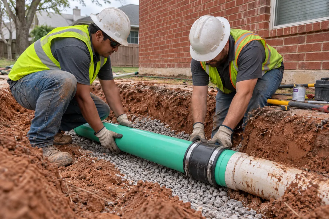 Crews joining a new green PVC sewer lateral to the existing line in an open trench beside a brick Dallas home