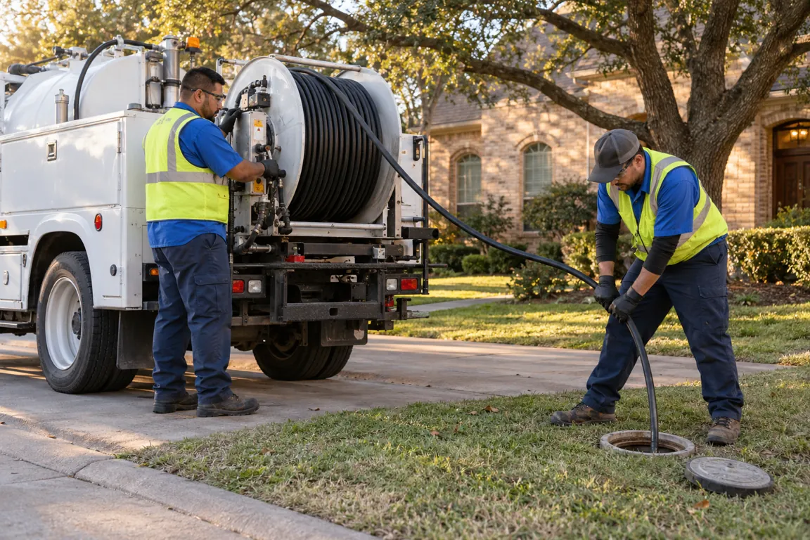 Technicians feeding a hydro jetting hose into a sewer cleanout beside a service truck