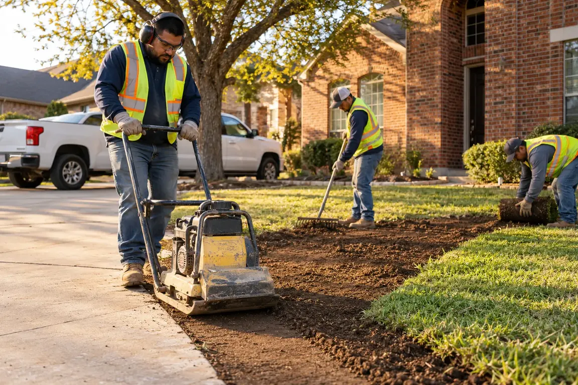 Crew compacting soil and relaying sod to restore a Dallas lawn after sewer line repair