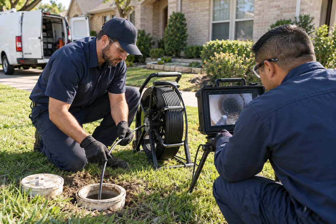Two technicians inspecting a sewer cleanout with a camera reel and pipe inspection monitor