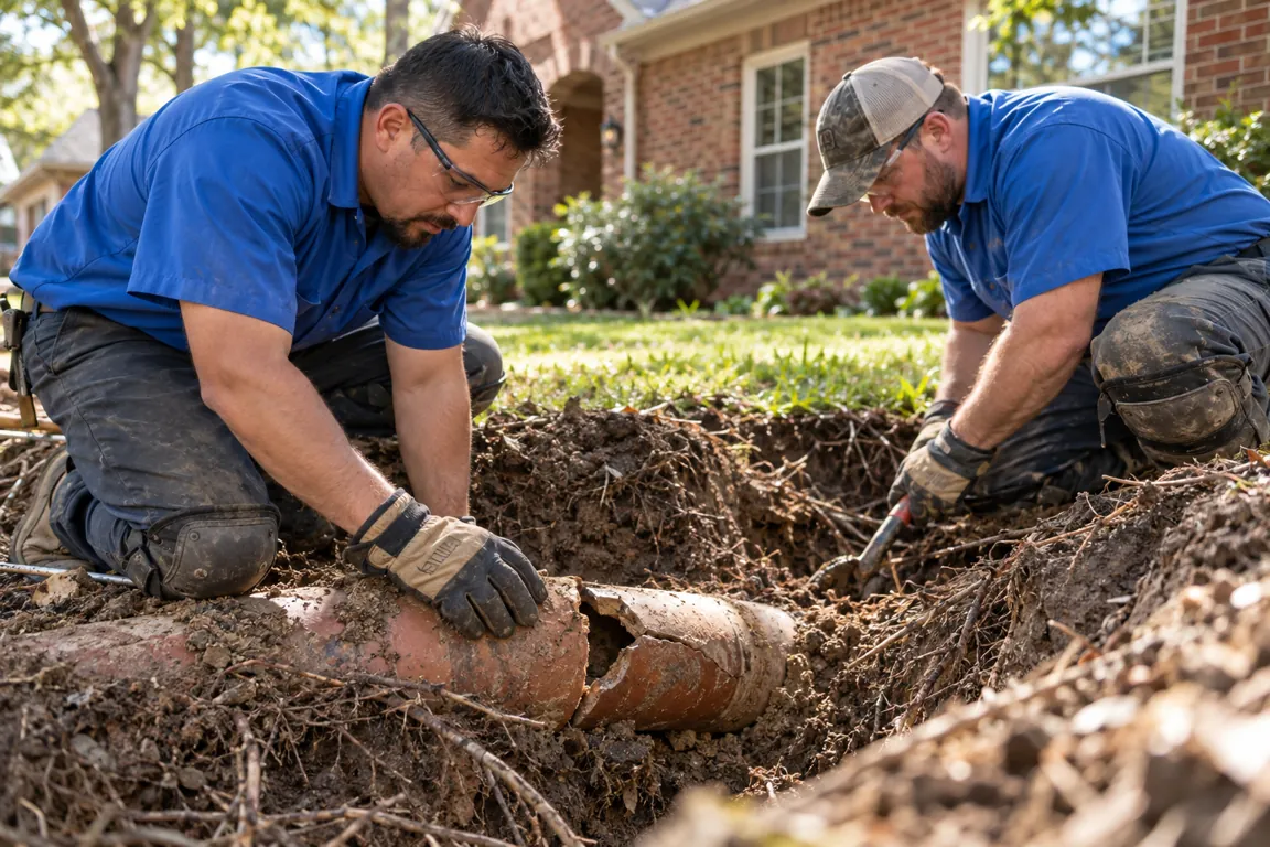 Technicians exposing a cracked clay sewer pipe in a residential yard