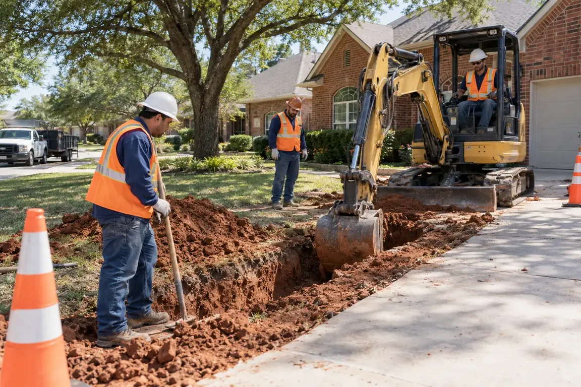Excavator and crew opening a sewer line trench beside a residential driveway