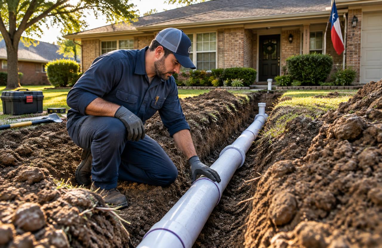 Plumber installing new PVC sewer pipe at a Dallas home